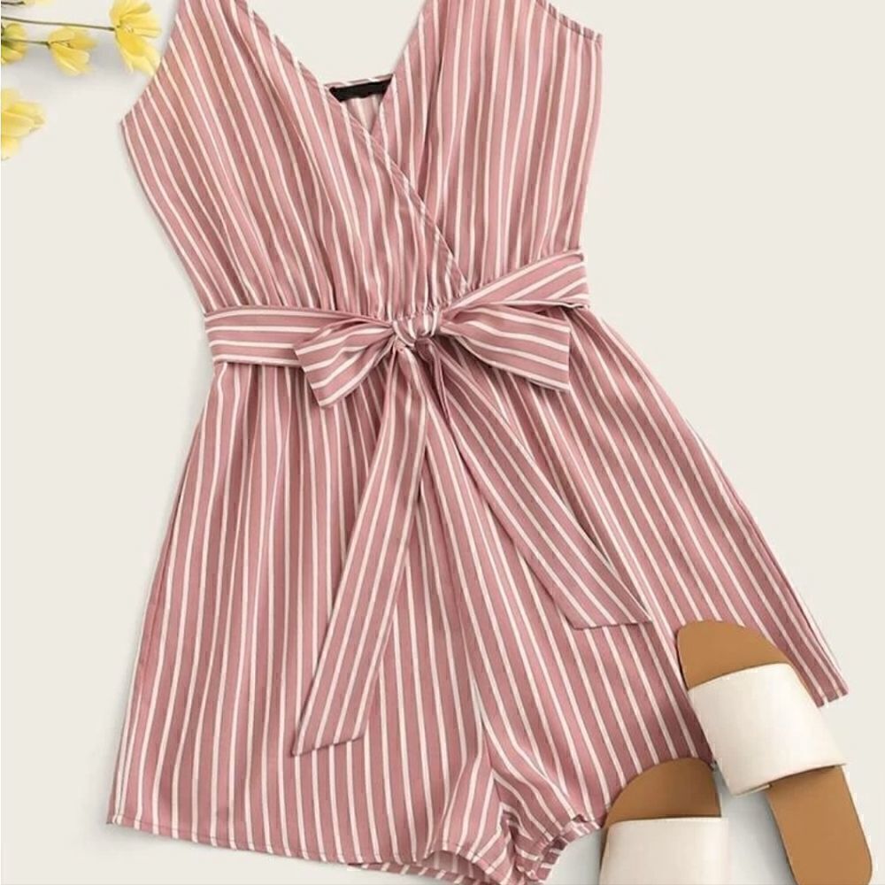 Romwe Surplice Cami Romper Pink Stripe